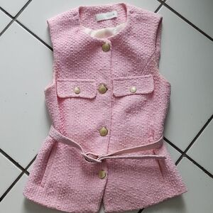 Zara Pink Bouclé Sleeveless Vest with Belted Waist